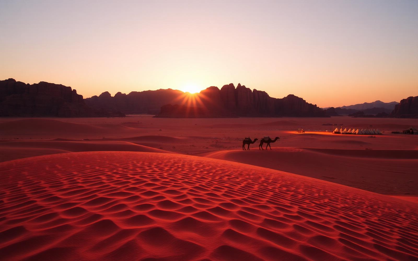 Sunset over the red dunes of Wadi Rum in Jordan