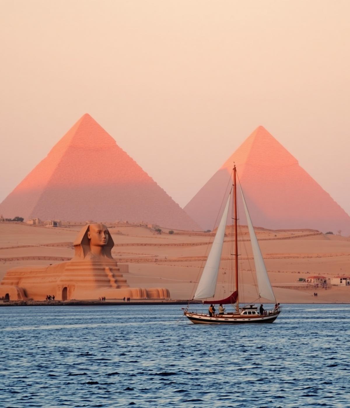 Pyramids of Giza and the Sphinx beside the Nile