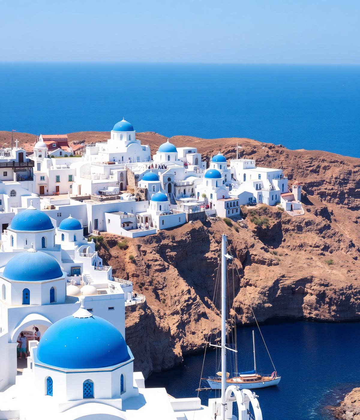 Blue domed churches above the Aegean sea in Santorini