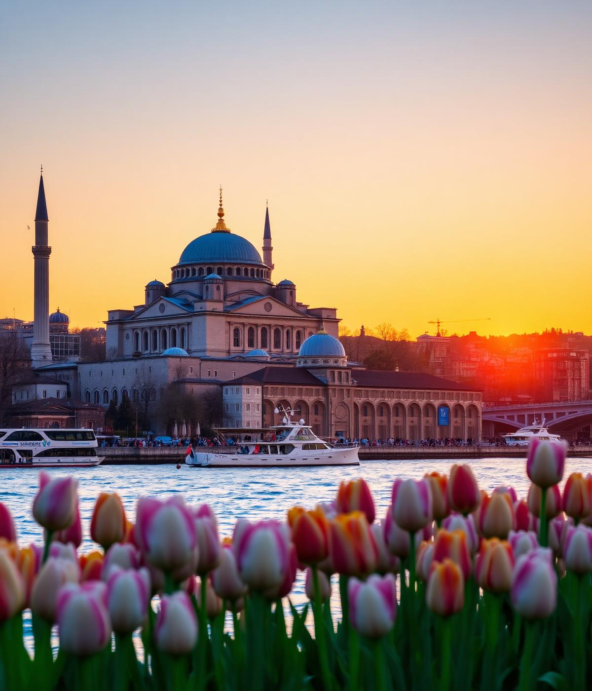 Istanbul skyline with mosques over the Bosphorus at sunset